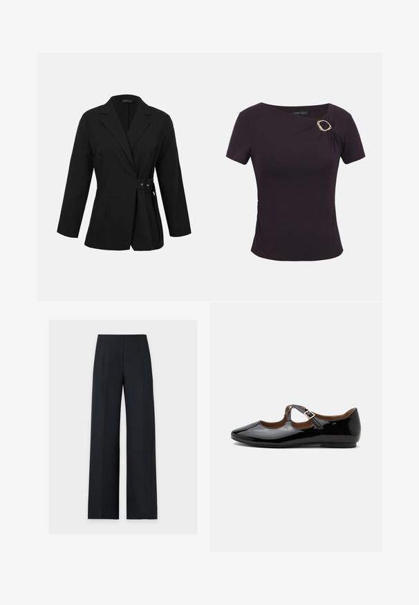 Blazer noir cintré avec manches longues, revers à cran et détail de boucle latérale à la taille.; Haut ajusté à manches courtes de couleur violet foncé avec un col asymétrique et une boucle ovale décorative en or sur l'épaule gauche.; Pantalon noir à jambes larges, taille haute et pli à l'avant, présenté à plat sur un fond blanc uni. Pas de poches ni de fermetures visibles.; Chaussure plate Mary Jane en cuir verni noir avec deux découpes et une bride à boucle dorée sur fond blanc.