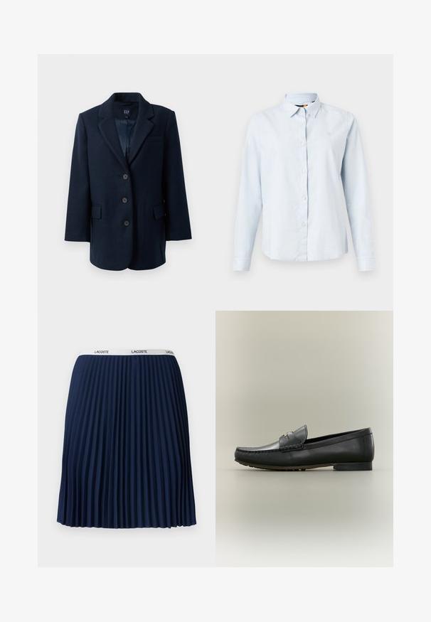 Navyblauwe enkelvoudige blazer met notch-lapels, drie knopen, twee klepzakken en één borstzak, gevoerd aan de binnenkant.; Lichtblauwe blouse met lange mouwen, een puntige kraag, knoopsluiting en zachte stof. Bevat een klein geborduurd logo op de borst.; Marineblauwe geplooide rok met een gestructureerd ontwerp, elastische tailleband met "LACOSTE" merknaam en een gladde stof.; Zwarte leren loafer met mocassinnaad, lage hak en goudkleurig metalen detail op het bandje, getoond in profiel op een beige achtergrond.