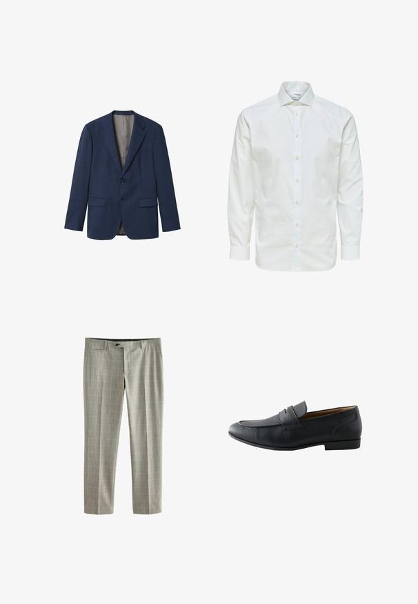 Marineblå blazer lavet af tekstureret stof, med slag, to knapper, to forlommer og en lysfarvet inderforing.; Hvid skjorte med lange ærmer med knaplukning foran og spids krave, vist mod en hvid baggrund.; Next SLIM FIT TRIMMED CHECK - Habitbukser - taupe brown; Sort tekstureret læder herre penny loafer med lav hæl og rund tå, sideprofil på hvid baggrund.