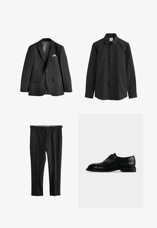 Veston noir en tissu lisse. Présente des revers à cran, deux poches frontales et un intérieur doublé de satin avec un pochette.; Next EASY CARE SINGLE CUFF - Chemise classique - black; Pantalon habillé noir sur mesure avec passants de ceinture et poches latérales, présenté à plat sur fond blanc.; Chaussure oxford formelle pour homme en cuir noir avec bout droit et laçage fermé sur un fond clair uni.