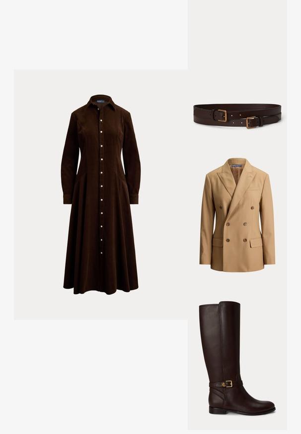 Blazer beige cruzado con solapas puntiagudas, seis botones marrones, dos bolsillos delanteros con solapa y un bolsillo de ojal en el pecho.; Vestido midi marrón oscuro de manga larga con botones, cuello y cintura ajustada, presentado sobre un fondo claro y sencillo.; Bota de cuero marrón oscuro hasta la rodilla con una pequeña hebilla dorada y el logo "RL" en la correa alrededor del tobillo.; Dos cinturones de cuero marrón oscuro con hebillas rectangulares de tono dorado, colocados uno al lado del otro sobre un fondo claro y liso.