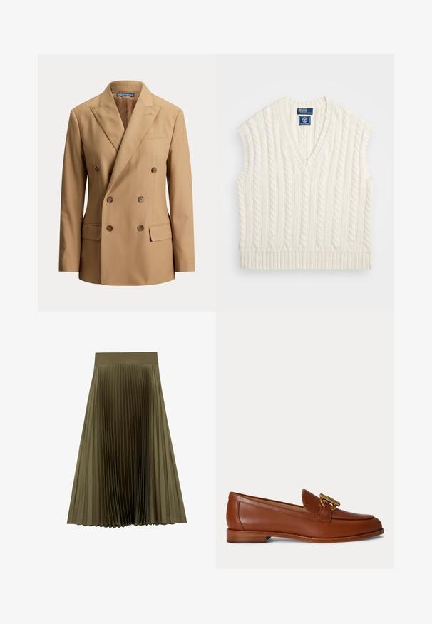 Blazer beige cruzado con solapas puntiagudas, seis botones marrones, dos bolsillos delanteros con solapa y un bolsillo de ojal en el pecho.; Suéter sin mangas de punto trenzado crema con escote en V y dobladillo acanalado. Presenta un patrón texturizado y una etiqueta de logo en el escote.; Falda midi verde oliva con cinturilla ancha y finas tablas verticales, acampanada en el dobladillo, sobre un fondo blanco.; Mocasín de cuero marrón con tacón bajo apilado y detalle de hebilla metálica dorada en la parte superior, mostrado en perfil lateral sobre un fondo liso.