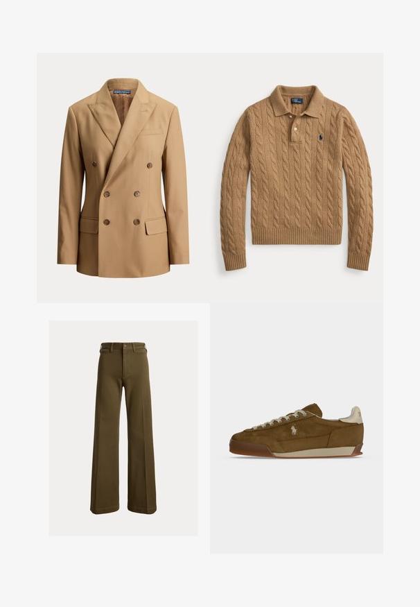 Blazer beige croisé avec revers crantés, six boutons marron, deux poches avant à rabat et une poche poitrine passepoilée.; Pull polo marron à manches longues en maille torsadée avec poignets et ourlet côtelés, deux boutons et un petit logo sombre sur la poitrine.; Pantalon large vert olive avec passants de ceinture, bouton à l'avant et fermeture éclair, présenté sur un fond uni.; Baskets en daim marron avec lacets crème, semelle épaisse et petit logo blanc brodé sur le côté.