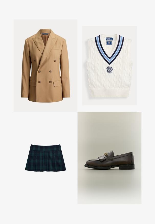 Beige dubbelgeknoopte blazer met spitse revers, zes bruine knopen, twee klepzakken aan de voorkant en een borstbelegzak.; Wit kabelgebreid mouwloos trui-vest met blauw gestreepte V-hals en Polo Ralph Lauren Wimbledon-logo op de borst.; Geruite geplooide rok in donkergroen en marineblauw met een gladde tailleband en logodetail. Heeft een klassiek, gelaagd plooidesign.; Donkerbruine leren loafer met franjes en gouden gesp op zwarte zool, gezien van opzij tegen een neutrale achtergrond.