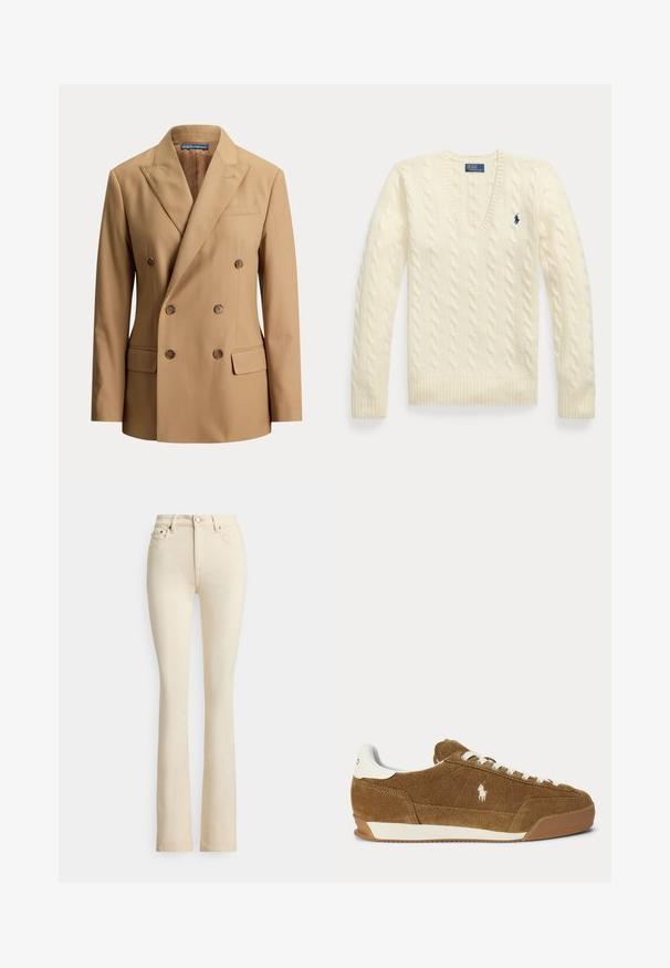 Blazer beige cruzado con solapas puntiagudas, seis botones marrones, dos bolsillos delanteros con solapa y un bolsillo de ojal en el pecho.; Jersey de punto grueso color crema con mangas largas, cuello en V y pequeño logo bordado en azul oscuro en el lado izquierdo del pecho.; Vaqueros acampanados beige con cintura de tiro alto, dos bolsillos delanteros y cierre de botón. Textura suave y detalles mínimos de costuras.; Zapatilla deportiva marrón de ante de caña baja con cordones blancos, acento blanco en el talón, suela de goma y logotipo Polo bordado en el lateral.