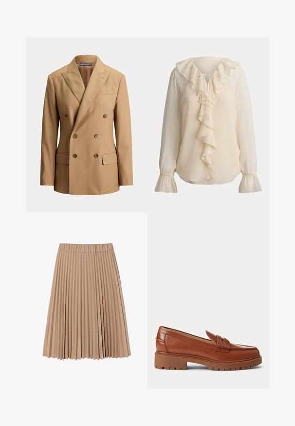 Blazer beige croisé avec revers crantés, six boutons marron, deux poches avant à rabat et une poche poitrine passepoilée.; Blouse crème à manches longues avec col à volants, volant cascade devant, lien à l'encolure et poignets cloche froncés.; Jupe plissée en tissu beige doux ; elle dispose d'une taille élastique et d'un design fluide avec des plis étroits et réguliers partout.; Mocassin en cuir marron avec semelle épaisse en caoutchouc et petit talon, doté d'une bride cousue sur le dessus.