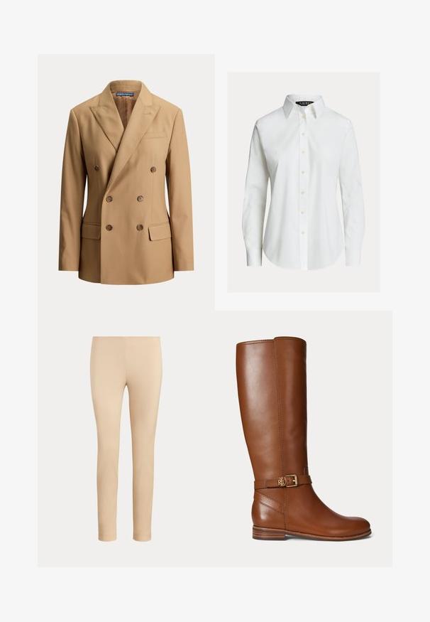 Blazer beige croisé avec revers crantés, six boutons marron, deux poches avant à rabat et une poche poitrine passepoilée.; Chemise blanche à manches longues avec col pointu, boutons sur le devant et ourlet légèrement incurvé.; Pantalon beige slim fit longueur cheville avec une finition lisse, sans poches visibles ni ornements, sur un fond uni.; Botte en cuir marron montant jusqu’au genou avec une petite boucle dorée et le logo "RL" sur la sangle près de la cheville, talon plat et finition lisse.
