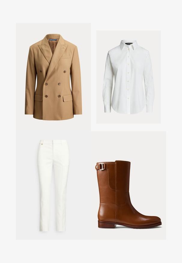 Beige dubbelgeknoopte blazer met spitse revers, zes bruine knopen, twee klepzakken aan de voorkant en een borstbelegzak.; Witte overhemd met lange mouwen, knopen aan de voorkant, puntige kraag en licht gebogen zoom.; Witte, op maat gemaakte broek met een slanke pasvorm, met een gladde textuur, riemlussen en een klein gouden metalen detail. Geen zichtbare zakken.; Bruine leren enkellaars met een gladde afwerking, afgeronde neus en decoratieve zijgesp. Voorzien van een lage houten hak en minimale stikdetails.