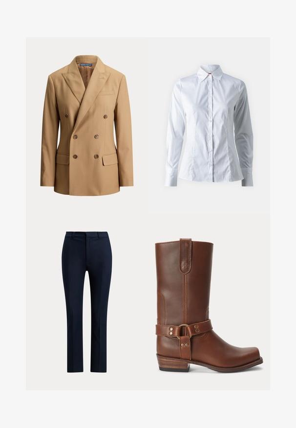 Blazer beige croisé avec revers crantés, six boutons marron, deux poches avant à rabat et une poche poitrine passepoilée.; Chemise blanche à manches longues, col pointu, design ajusté, en tissu de coton lisse et fermeture à boutons sur le devant.; Pantalon habillé bleu marine sur mesure, coupe droite, passants de ceinture et fermeture éclair à l’avant.; Botte mi-mollet en cuir marron avec un petit talon en bois, bout rond et sangle décorative avec des clous métalliques autour de la cheville.