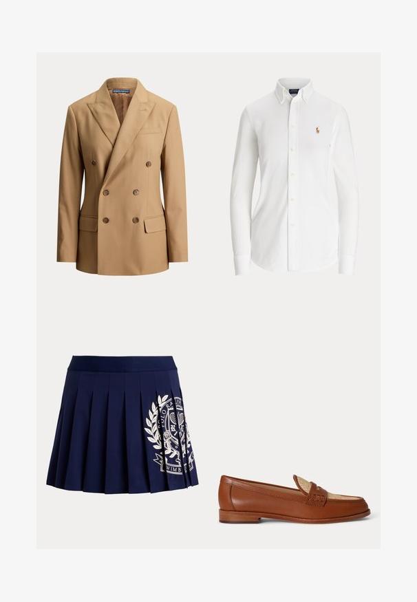 Beige dubbelgeknoopte blazer met spitse revers, zes bruine knopen, twee klepzakken aan de voorkant en een borstbelegzak.; Witte blouse met lange mouwen, knopen, een button-down kraag en een klein geborduurd logo van een polo-speler op de borst.; Marineblauwe geplooide rok met brede tailleband en wit tennis-thema wapenlogo aan de rechteronderkant.; Bruine leren loafer met geweven beige paneel bovenop, lage houten hak en traditioneel pennyriemontwerp op witte achtergrond.