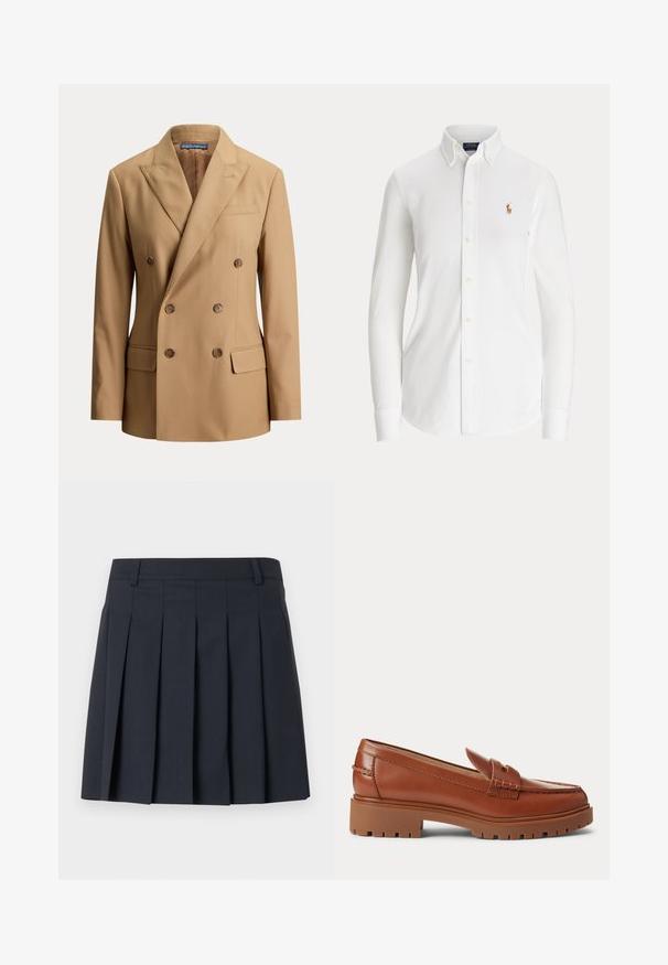 Beige dubbelgeknoopte blazer met spitse revers, zes bruine knopen, twee klepzakken aan de voorkant en een borstbelegzak.; Witte blouse met lange mouwen, knopen, een button-down kraag en een klein geborduurd logo van een polo-speler op de borst.; Donkerblauwe geplooide rok met een platte tailleband, gemaakt van gladde stof. Heeft meerdere verticale plooien en een getailleerd ontwerp.; Bruine leren loafer met dikke rubberen zool en lage hak, met een gestikte riemdetail aan de bovenkant.