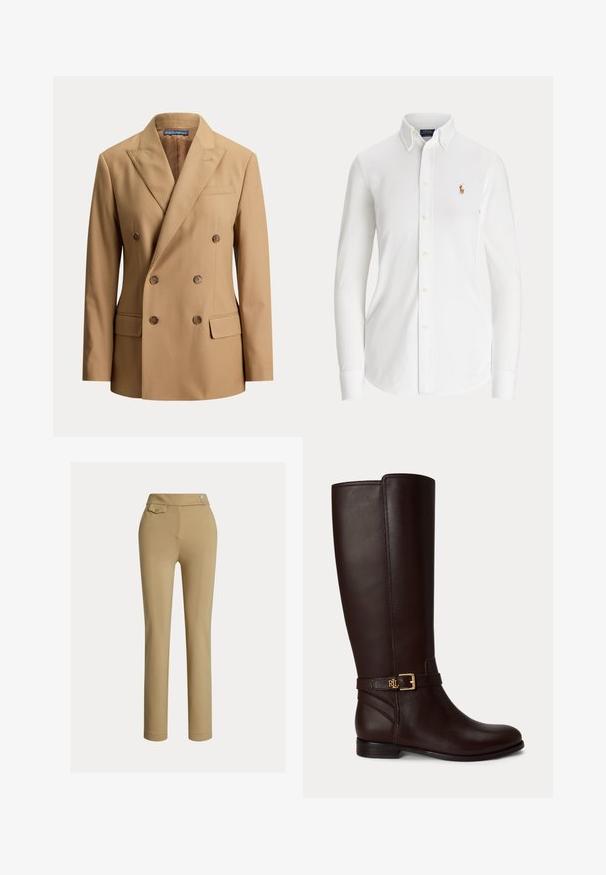 Beige dubbelgeknoopte blazer met spitse revers, zes bruine knopen, twee klepzakken aan de voorkant en een borstbelegzak.; Witte blouse met lange mouwen, knopen, een button-down kraag en een klein geborduurd logo van een polo-speler op de borst.; Beige op maat gemaakte broek met een zachte textuur, hoge taille, twee decoratieve knopen en een enkele achterzak. Recht gesneden ontwerp.; Donkerbruine leren kokerlaars met een kleine gouden gesp en het "RL"-logo op de band om de enkel.