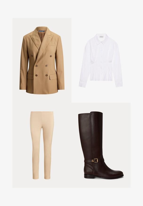 Blazer beige croisé avec revers crantés, six boutons marron, deux poches avant à rabat et une poche poitrine passepoilée.; Blouse blanche à manches longues avec un col classique, fermeture à boutons sur le devant et détail froncé sur le côté. Tissu lisse avec une coupe ajustée.; Pantalon beige slim fit longueur cheville avec une finition lisse, sans poches visibles ni ornements, sur un fond uni.; Botte en cuir marron foncé mi-mollet avec une petite boucle dorée et le logo "RL" sur la sangle autour de la cheville.