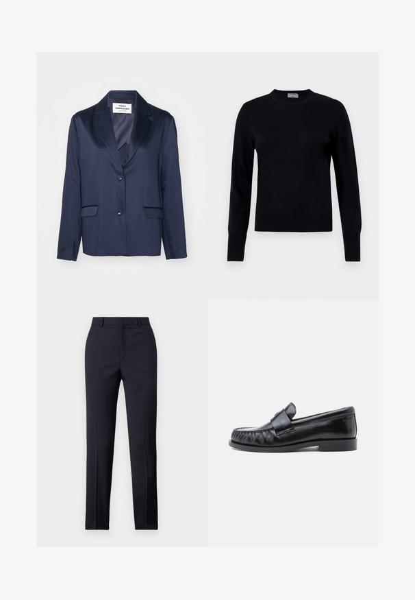 Blazer navy en tissu lisse avec un revers cranté, fermeture à bouton simple et deux poches avant. Présente un design simple et épuré.; Pull en tricot noir avec un col rond et des manches longues. Présente une texture lisse et des poignets côtelés, offrant une coupe et un design classiques.; Pantalons ajustés bleu marine avec une coupe droite, présentant une texture lisse, deux poches avant et une taille épurée.; Mocassins en cuir noir avec un bout arrondi, une couture distinctive et une bride décorative sur le cou-de-pied. Finition lisse et talon bas.
