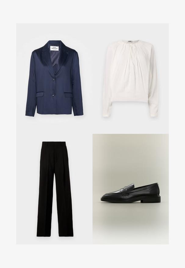 Blazer navy en tissu lisse avec un revers cranté, fermeture à bouton simple et deux poches avant. Présente un design simple et épuré.; Blouse blanche à manches longues avec un col rond et un devant plissé. Tissu doux et lisse avec une coupe décontractée et un détail de bouton au col.; Pantalons larges noirs en tissu lisse, avec une taille haute, des plis avant et un design épuré et ajusté sans embellissements.; Mocassin penny en cuir noir avec petit talon, bout arrondi et détails cousus sur fond neutre.