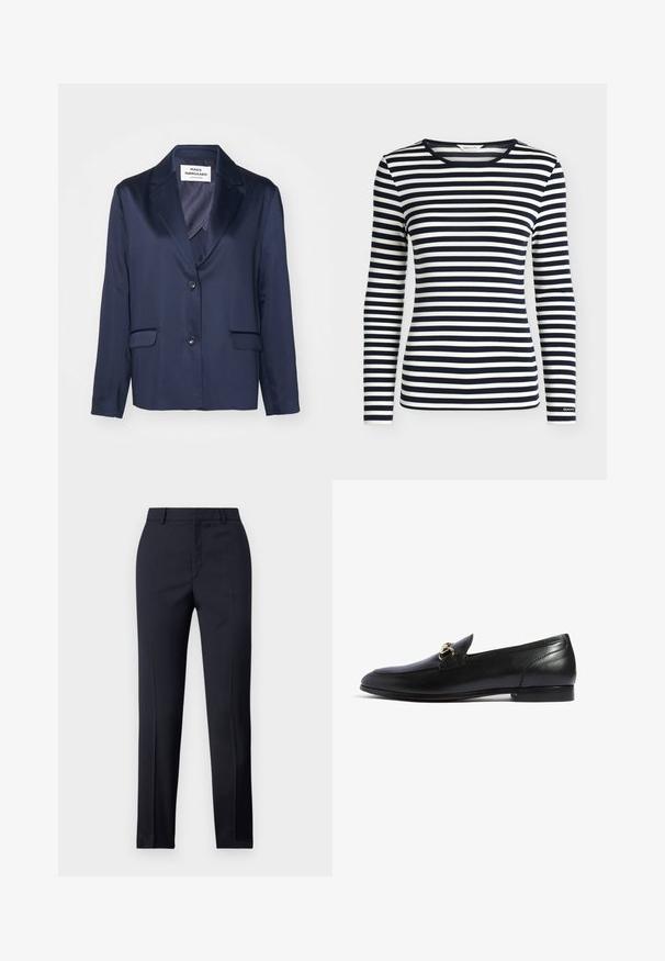 Blazer navy en tissu lisse avec un revers cranté, fermeture à bouton simple et deux poches avant. Présente un design simple et épuré.; Chemise à manches longues avec des rayures horizontales bleu marine et blanches et un col rond, brandée GANT sur le bord de la manche.; Pantalons ajustés bleu marine avec une coupe droite, présentant une texture lisse, deux poches avant et une taille épurée.; Scarosso ALESSANDRA - Chaussons - black calf