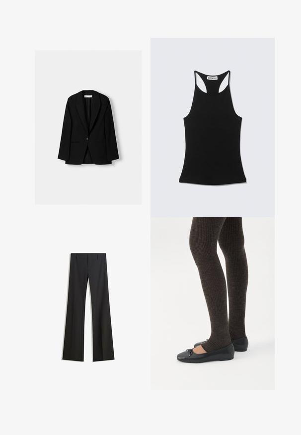 Sort blazer lavet af et glat stof. Har en enkel knaplukning, klippede reverser og to for- lommer med flade sømme.; Sort ærmeløs racerback-top med "WEEKDAY" label på øvre ryg, vist på en lys grå baggrund.; Sorte, flarede bukser med en glat tekstur, der har en skræddersyet pasform og en talje. Ingen synlige mønstre eller udsmykninger.; Ben iført mørke ribbede leggings kombineret med sorte balletsko med små sløjfedetaljer på hvid baggrund.