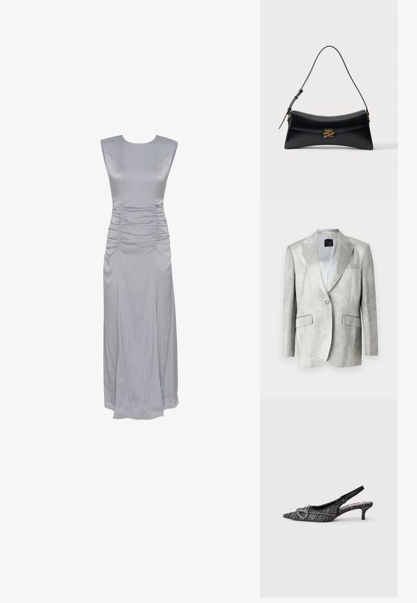 Lichtgrijze blazer met een gladde textuur, geknipte revers, enkele-knoopsluiting en twee voorzakken. Eenvoudig ontwerp, perfect op maat.; Mouwloze grijze jurk met een gestructureerd oppervlak, rimpeldetails aan de zijkanten en een lange, vloeiende silhouet.; Zwarte slingback kittenheel met puntige neus, gestructureerd patroon en zilveren gespsluiting op een witte achtergrond.; Zwarte leren handtas met gebogen trapeziumvorm, bovenhandvat en gouden decoratieve gesp op de voorflap tegen een witte achtergrond.