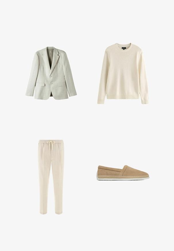 Lys grå linned blazer med enkeltstående design, to frontlommer og to knapper. Har udsvingede revers og en glat tekstur.; Flødefarvet langærmet strikket sweater med ribstrikket rund hals, ærmegab og kant, mærket størrelse medium fra mærket Next.; Beige bukser med snøre i taljen, forlommer og lige ben, designet til afslappet eller casual brug.; Beige slip-on afslappet sko med ruskindsoverdel, flettet jutebiste rundt om sålen og hvid gummisål.