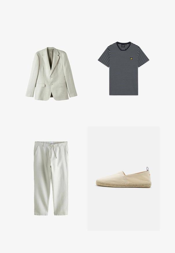Lys grå linned blazer med enkeltstående design, to frontlommer og to knapper. Har udsvingede revers og en glat tekstur.; Marineblå T-shirt med korte ærmer, tynde hvide horisontale striber og en lille gul fuglelogo på venstre bryst.; Lysebeige afslappede bukser med snøre i taljen, sidelommer, bæltestropper og lige ben.; Beige canvas espadrille med rund tå, flettet jutesål og en lille rød og blå accent på hælen. Letvægtig uden lukning.