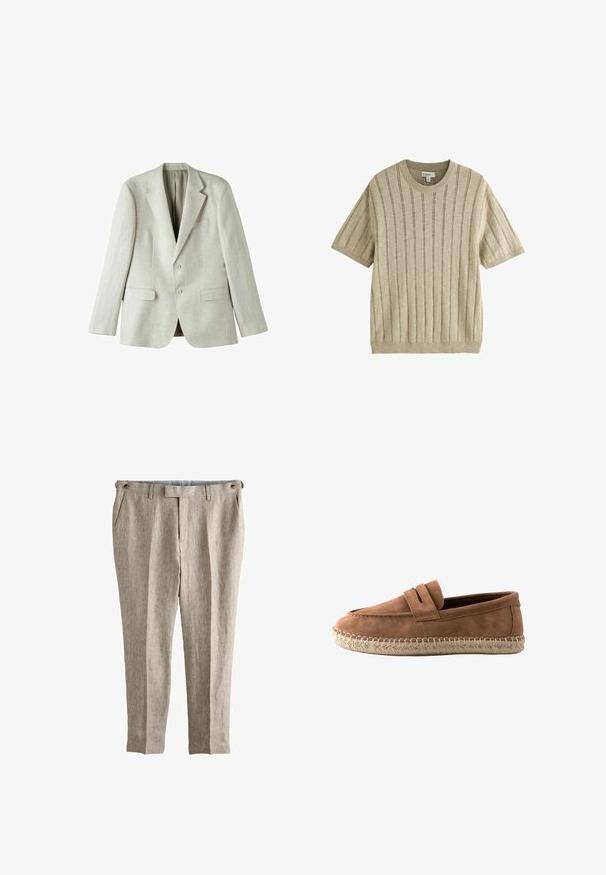Lys grå linned blazer med enkeltstående design, to frontlommer og to knapper. Har udsvingede revers og en glat tekstur.; Beige kortærmet striktrøje med lodrette ribstriber, rund halsudskæring og et mellemlangt mærke inde i kraven.; Beige hørslanke bukser med sidelommer, bæltestropper og knappede justerbare stropper ved taljen.; Brun ruskindslipper med flettet rebssål og en remdetalje over toppen, vist fra siden på en hvid baggrund.
