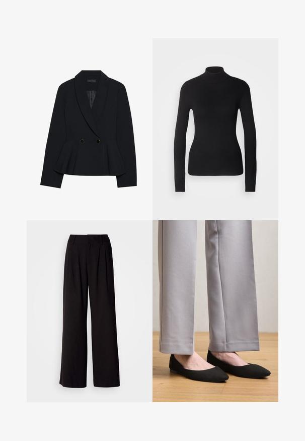 Schwarzer maßgeschneiderter Blazer mit Peplum-Design, ausgestattet mit einem Reverskragen, zwei doppelt goldfarbenen Knöpfen und einer glatten Textur.; Schwarzer Rollkragenpullover aus leichtem Strickgewebe. Mit langen Ärmeln, taillierter Passform und weichem Ripptextil.; Schwarze weit geschnittene Hosen aus glattem Stoff, mit Falten an der Vorderseite, einem taillierten Bund und ohne sichtbare Muster oder Akzente.; Schwarze Wildleder-Ballerinas mit spitzer Zehenpartie, getragen zu grauen Hosen, mit einfacher, glatter Textur und minimalen Metallakzenten.