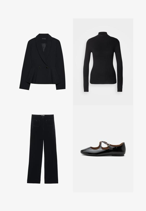Blazer noir ajusté avec un design à basque, doté d'un col à revers cranté, de deux boutons doubles dorés et d'une texture lisse.; Pull à col roulé noir en maille légère. Il possède des manches longues, une coupe ajustée et une texture côtelée douce.; Pantalons larges en velours noir avec deux poches arrière et une texture lisse, présentant une coupe droite et une finition ourlée aux chevilles.; Chaussure plate Mary Jane en cuir verni noir avec deux découpes et une bride à boucle dorée sur fond blanc.