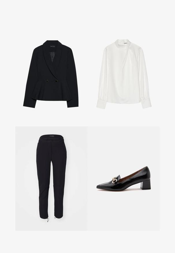 Sort skræddersyet blazer med peplumdesign, der har en hakket revers, to dobbelte knapper i guldfarve og en glat tekstur.; Hvid bluse med høj hals, lange puffærmer og lynlås bagpå. Glat stof med en let glans og subtil drapering.; Sorte bukser med en glat tekstur, der har et tætsiddende design, elastisk talje, to lommer og justerbare manchetter med snore.; Sort laklæder loafer med lav blokhæl, guldkædedetalje på toppen, spids snude og brun indvendig foring.