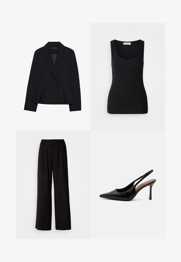 Blazer noir ajusté avec un design à basque, doté d'un col à revers cranté, de deux boutons doubles dorés et d'une texture lisse.; Débardeur noir côtelé avec un col rond, de larges bretelles et une coupe ajustée. Étiquette à l'arrière indiquant "Marc O'Polo".; Pantalon large noir en tissu lisse, avec des plis à l'avant, une taille ajustée, et sans motifs ni accents visibles.; Chaussure slingback à talon haut en cuir noir à bout pointu avec talon aiguille fin et bride arrière ouverte sur fond blanc.