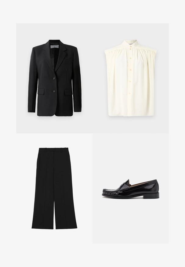 Sort blazer med skræddersyet design, færdiggjort med to knapper, notch-lapel og klaplommer, lavet af et glat stof.; Cremefarvet ærmeløs bluse med høj hals, knaplukning og samlede detaljer på skuldrene. Glat stoftekstur.; Sorte bukser med vide ben lavet af et glat stof. De har høj talje, dobbelt forreste læg og bæltestropper. Ingen synlige lommer eller pynt.; Sorte læder moccasin sko med en skinnende finish, der har frynsedetaljer langs fronten og en lav stabelhælk.