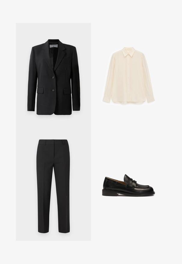 Sort blazer med skræddersyet design, færdiggjort med to knapper, notch-lapel og klaplommer, lavet af et glat stof.; Kremfarvet skjorte med knapper lavet af glat stof, med krave, lange ærmer og en let buet kant.; Sorte skræddersyede bukser med lige ben, flad front og uden synlige pyntedetaljer. Fremstillet af et glat stof med en skarp finish.; Sort læder loafers med rund tå, dekoreret overrem og lav stablet hæl. Glat tekstur og minimale syninger.