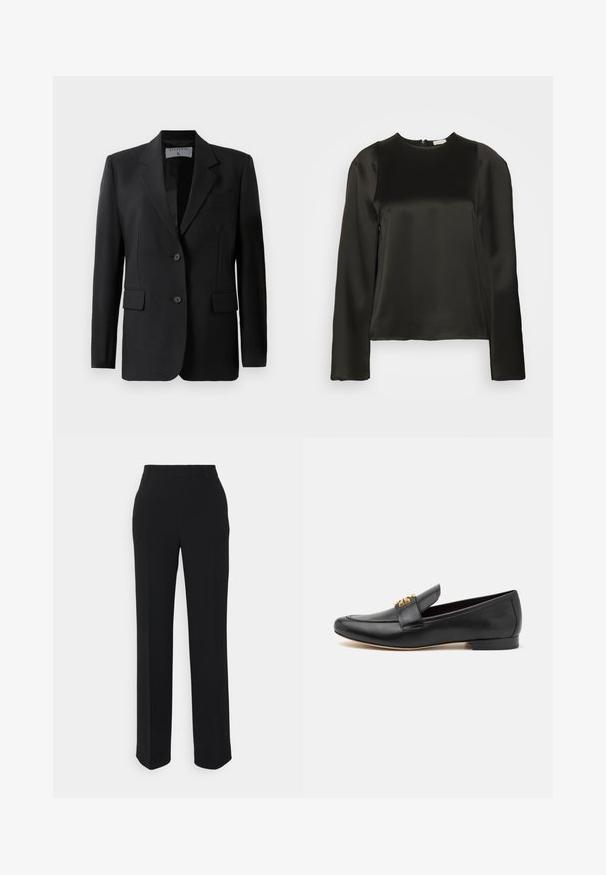 Sort blazer med skræddersyet design, færdiggjort med to knapper, notch-lapel og klaplommer, lavet af et glat stof.; Sort satin langærmet bluse med rund halsudskæring og lynlås i ryggen. Glat tekstur, tætsiddende design, minimale syninger og ren silhuet.; Sorte, lige bukser med en glat tekstur. Har en talje og ingen synlige mønstre eller accenter. Klassisk og skræddersyet design.; Sorte læder loafers med rund tå, flad hæl og guldtonet hardware accent på remmen. Glat tekstur med minimale design detaljer.