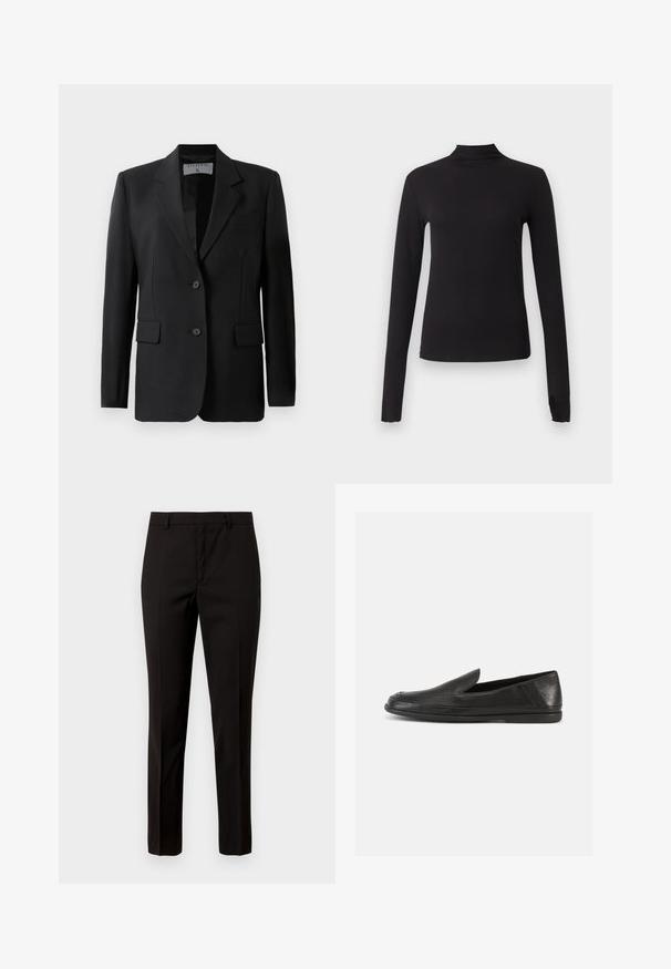 Sort blazer med skræddersyet design, færdiggjort med to knapper, notch-lapel og klaplommer, lavet af et glat stof.; Sort langærmet tætsiddende top med høj hals, vist på ensartet lysegrå baggrund.; Sorte skræddersyede bukser med lige ben-design, lavet af glat stof, med flad front og bæltestropper. Ingen synlige mønstre eller accenter.; Sorte lædersko uden snørebånd med glat finish, rund tå og minimalistisk design. Har en lav, fleksibel gummisål.