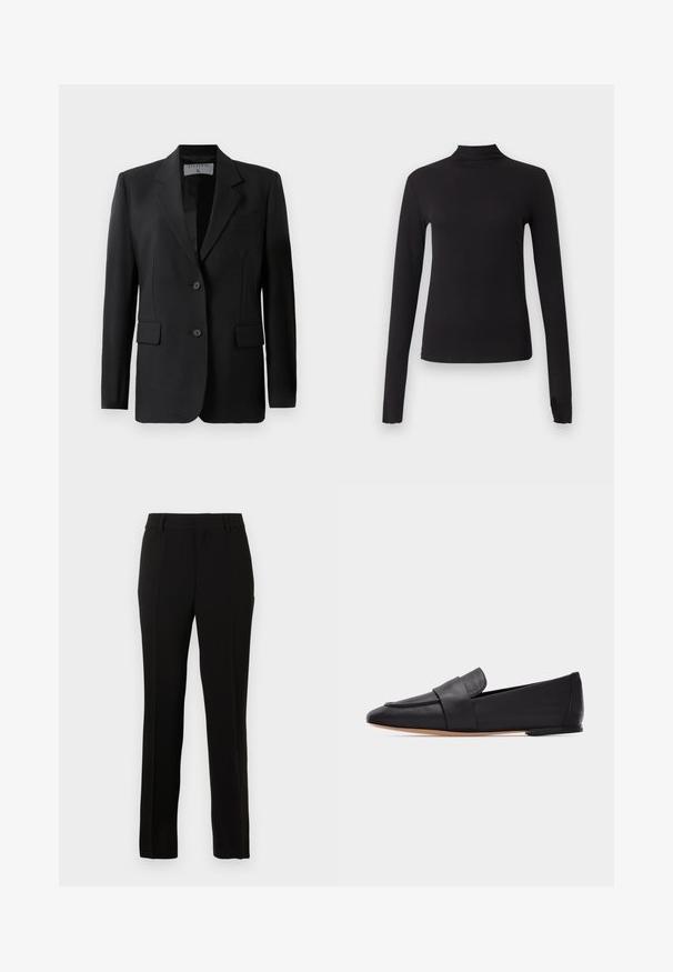Blazer noir avec un design ajusté, doté de deux boutons, de revers crantés et de poches à rabat, fabriqué à partir d'un tissu lisse.; Haut noir ajusté à manches longues avec col montant, présenté sur un fond gris clair uni.; Pantalons noirs ajustés en tissu lisse, présentant une coupe droite, des plis creux, des passants de ceinture et une fermeture éclair.; Mocassin plat en cuir noir avec bout pointu, large bride à l'avant et semelle marron clair, présenté de profil sur fond blanc.