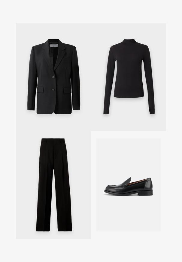 Sort blazer med skræddersyet design, færdiggjort med to knapper, notch-lapel og klaplommer, lavet af et glat stof.; Sort langærmet tætsiddende top med høj hals, vist på ensartet lysegrå baggrund.; Sort vide bukser lavet af glat stof, med høj talje, pressefolder foran og et rent, skræddersyet design uden udsmykninger.; Sort læderrutsko med lav hæl, rundet tå og mokkasin-syning på toppen, vist fra ydersiden.