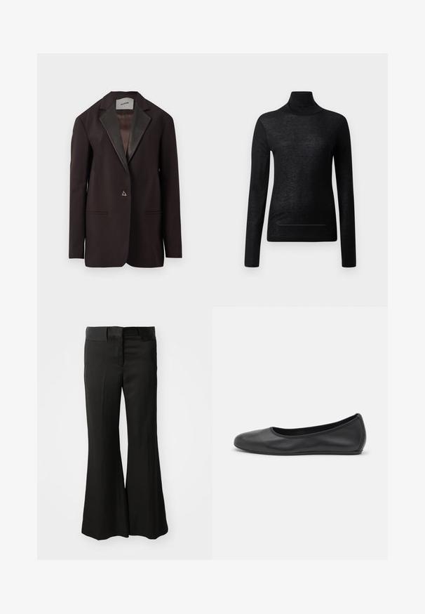 Sort blazer med satinrevers, der har to forlommer og en enkelt knaplukning. Skræddersyet design med en struktureret pasform.; Sort langærmet turtle neck top lavet af letvægtsstof, med en tætsiddende design og minimale sømdetaljer, velegnet til lagdeling.; Sorte flagrende bukser lavet af et glat materiale, med en mellemhøj talje og et rent, skræddersyet design uden synlige udsmykninger.; Sort læderballetsko med rund tå, glat tekstur, minimal syning og et fleksibelt såldesign.