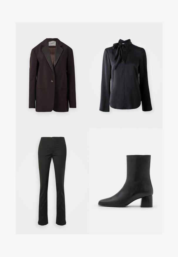 Sort blazer med satinrevers, der har to forlommer og en enkelt knaplukning. Skræddersyet design med en struktureret pasform.; Sort langærmet bluse i glat stof med V-udskæring og en bundet kragedetalje. Har lige snit og subtile stikninger.; Filippa K ZIP TROUSERS - Bukser - black; Sorte læder ankelstøvler med spids tå og en kraftig firkantet hæl. Glat overflade med et sømløst design og minimalistisk syning.