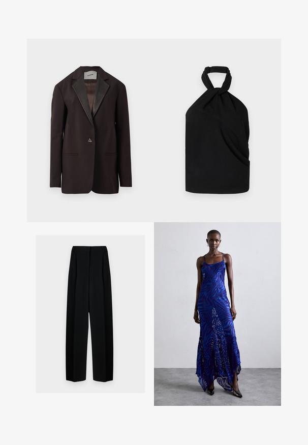 Sort blazer med satinrevers, der har to forlommer og en enkelt knaplukning. Skræddersyet design med en struktureret pasform.; Iro BIRDA - Bluse - black; Sorte vide benbukser med høj talje, der har læg og en glat tekstur. Stoffet virker let og falder elegant.; Blå og lilla dyreprint maxi kjole med tynde stropper, en tætsiddende bodice, flagrende kant og gennemsigtig overlay-detaljering.