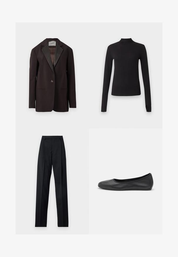 Sort blazer med satinrevers, der har to forlommer og en enkelt knaplukning. Skræddersyet design med en struktureret pasform.; Sort langærmet tætsiddende top med høj hals, vist på ensartet lysegrå baggrund.; Sorte bukser lavet af glat stof, der har høj talje, brede ben, frontfolder og klassiske bælteløkker. Ingen synlige sidelommer.; Sort læderballetsko med rund tå, glat tekstur, minimal syning og et fleksibelt såldesign.