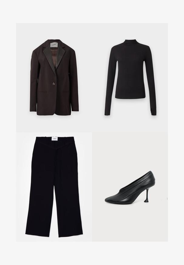 Sort blazer med satinrevers, der har to forlommer og en enkelt knaplukning. Skræddersyet design med en struktureret pasform.; Sort langærmet tætsiddende top med høj hals, vist på ensartet lysegrå baggrund.; Sorte brede bukser lavet af et glat stof. Har en flad talje med bælteløkker og en ren finish ved kanterne.; Sort læder højhælet sko med spids tå, buet sål og slank, udvidet stiletthæl på ensartet lys baggrund.