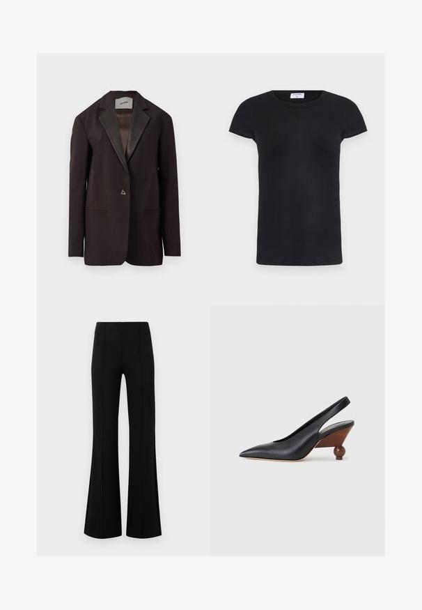 Sort blazer med satinrevers, der har to forlommer og en enkelt knaplukning. Skræddersyet design med en struktureret pasform.; Sort ribbet T-shirt med rund halsudskæring og korte ærmer. Blødt materiale med en tætsiddende pasform, som har et mærke i nakken.; Sorte højtaljede flared bukser lavet af strækbart stof. Har vertikale sømdetaljer foran og en glat tekstur.; Sort slingback-sko med spids tå, træblokhæl med rund form og glat læderoverdel på en lysegrå baggrund.
