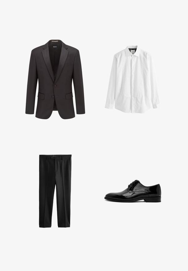 Veste de smoking noire avec des revers en satin, fermeture à un bouton, deux poches avant et une texture subtile. Étiquette indique "BOSS."; Chemise blanche à boutons avec un panneau avant plissé, col et manches longues, confectionnée en coton doux.; Pantalon noir sur mesure avec une fermeture à bouton et zip, des passants de ceinture et des poches latérales, présenté sur fond blanc.; Chaussure habillée pour homme en cuir verni noir avec fermeture à lacets et petit talon empilé, vue de côté sur fond blanc.