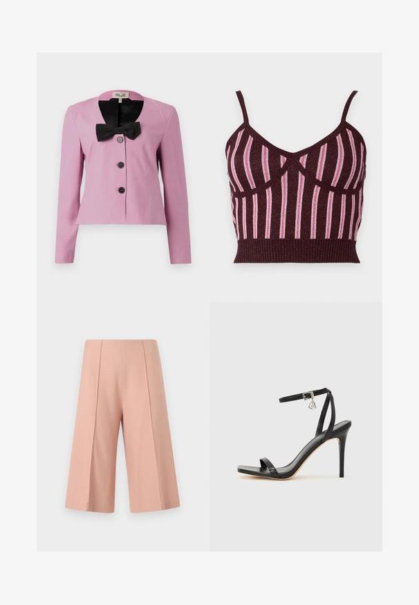 Lyserød cropped jakke med lange ærmer, sort sløjfe-detalje ved kraven og tre sorte knapper. Glat stof med en skræddersyet pasform.; Burgundy strikket crop top med tynde stropper, der har vertikale lyserøde metalliske striber og en ribbet kant. Struktureret stof med definerede sømme.; AERON PEN - Shorts - mottled pink; Sort hæl-sandal med smal ankrem, firkantet tå-boks, glat lædermateriale og metalspænde som pynt.