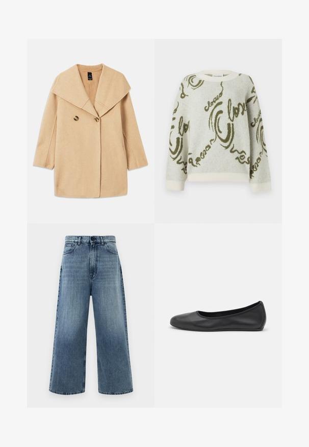 Beige Wollmischungsjacke mit breitem Kragen, doppelter Knopfverschluss und drei Viertel langen Ärmeln. Weicher, strukturierter Stoff mit taillierter Passform.; CLOSED CREW NECK LONG SLEEVE - Strickpullover - ecru; Helle blaue weit geschnittene Jeans aus Denim, mit hoher Taille, frontalen Taschen und klassischer Steppung. Keine sichtbaren Verzierungen.; Schwarze Leder-Ballettschuhe mit abgerundeter Spitze, glatter Textur, minimalen Nähdetails und einem flexiblen Sohlen-Design.
