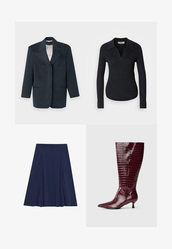 Blazer bleu marine avec revers cranté, poche poitrine simple, deux poches avant et une doublure intérieure lisse. Coupe structurée avec des manches longues.; Pull noir côtelé avec un décolleté en V et un design à col. Présente des paillettes subtiles sur l'ensemble et des manches longues ajustées avec des poignets côtelés.; Jupe plissée marine en tissu léger ; elle présente une texture douce, une taille lisse et des panneaux fluides pour un confort de mouvement.; Bottes hauteur genou en cuir verni bordeaux à texture crocodile, bout pointu et talon bloc bas, présentant un design élégant et ajusté.
