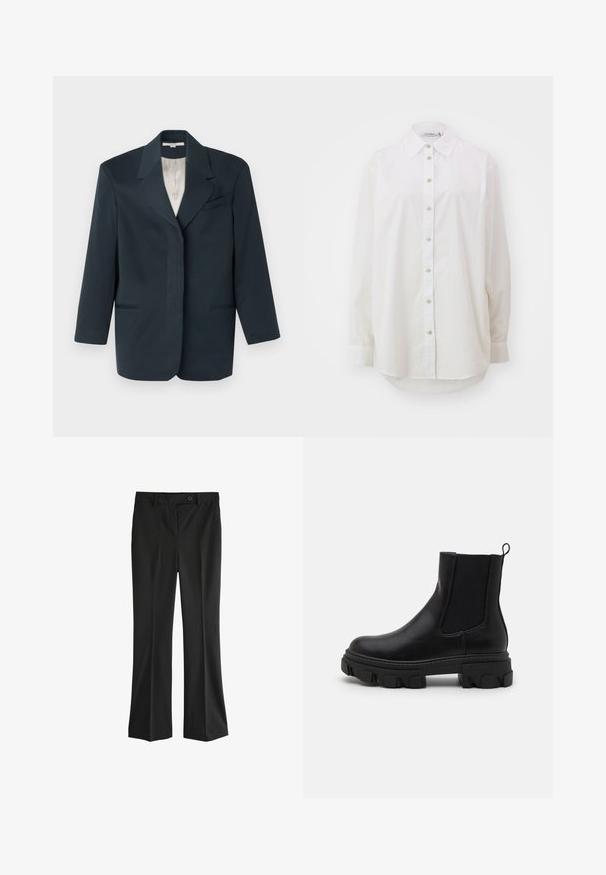 Blazer azul marino con solapas de muesca, un bolsillo en el pecho, dos bolsillos frontales y un forro interior suave. Ajuste estructurado con mangas largas.; Camisa blanca de botones hecha de algodón. Presenta un cuello clásico, mangas largas y un dobladillo curvado. Tiene un cierre de botón estándar en la parte delantera.; Pantalones negros de diseño recto, cintura con cierre de botón y textura suave. Sin patrones ni acentos visibles.; Botas de tobillo de cuero negro con paneles laterales elásticos, suela de goma gruesa y tirador. Presentan una textura suave y un patrón de dibujo bien definido.
