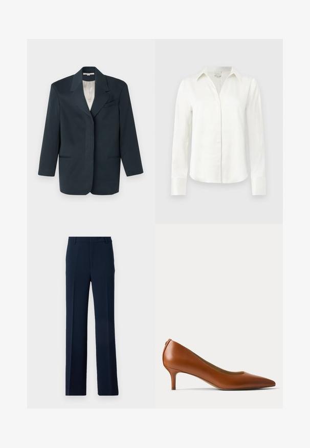 Blazer azul marino con solapas de muesca, un bolsillo en el pecho, dos bolsillos frontales y un forro interior suave. Ajuste estructurado con mangas largas.; Blusa blanca de manga larga con cuello amplio, botones delanteros ocultos y puños abotonados, mostrada sobre un fondo claro y simple.; Pantalones azul marino de tela suave, con un diseño de pierna recta, pliegues delanteros y bolsillos laterales para un aspecto ajustado.; Zapato pump marrón de cuero con tacón bajo y punta puntiaguda mostrado de perfil sobre un fondo claro y liso.