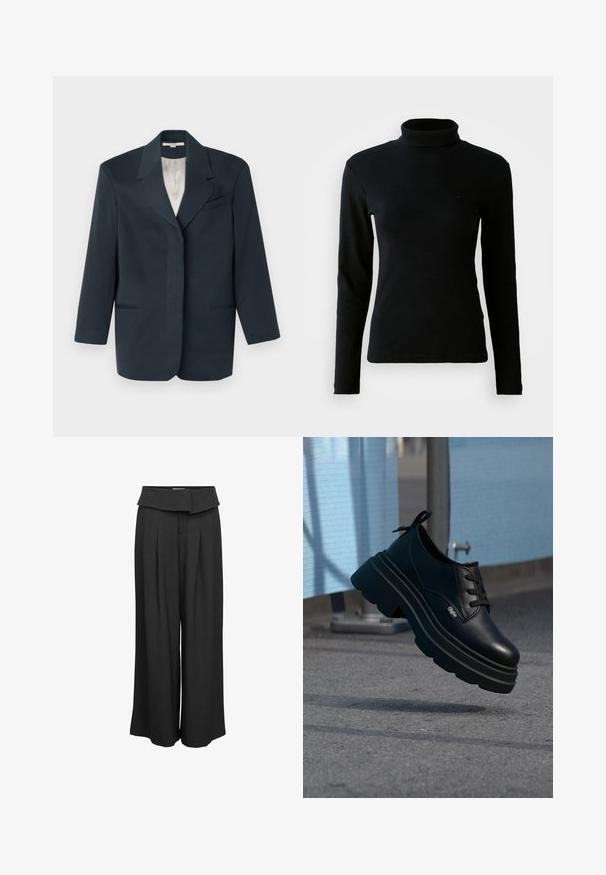 Blazer azul marino con solapas de muesca, un bolsillo en el pecho, dos bolsillos frontales y un forro interior suave. Ajuste estructurado con mangas largas.; Suéter negro de manga larga con cuello alto de tejido acanalado y silueta ajustada, sobre un fondo blanco liso.; Pantalones negros de talle alto y pata ancha con cinturilla doblada y pliegues frontales, mostrados sobre un fondo blanco liso.; Zapato de plataforma de cuero negro con suela gruesa y cordones negros, suspendido sobre la acera cerca de una valla de malla azul y un poste de metal.