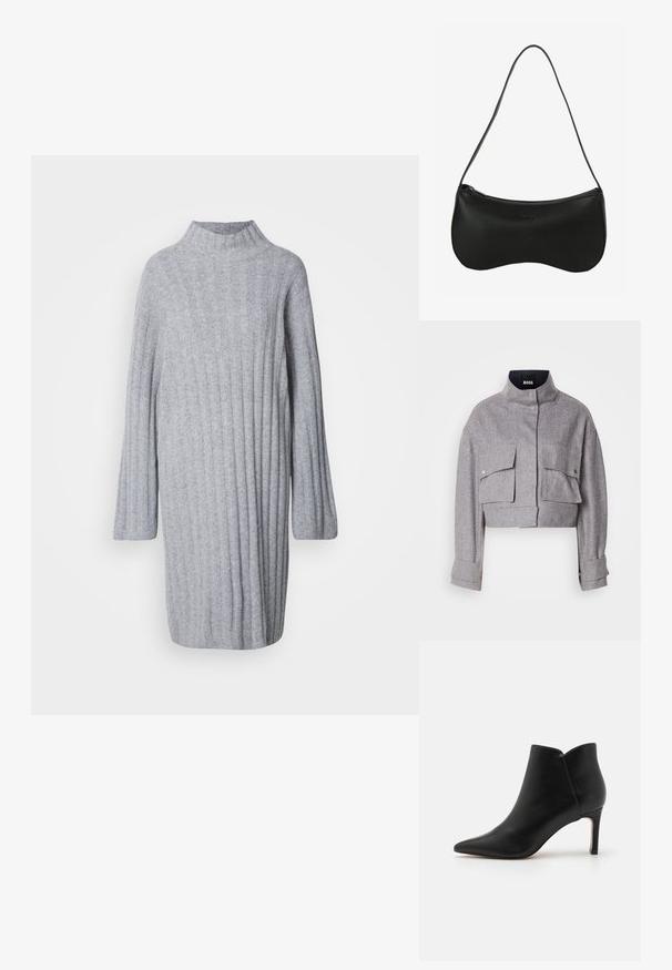 Grau verkürzte Jacke mit hohem Kragen, zwei vorderen Klappentaschen mit Druckknöpfen und langen Ärmeln mit Manschettendetails.; Grau gestricktes Kleid mit hohem Kragen, geriffelter Textur und langen Ärmeln. Weicher Stoff mit lockerer Passform, der bis zur Mitte des Oberschenkels reicht.; Schwarze Leder-Spitzenstiefeletten mit einer spitzen Zehenform, tailliertem Design und einem Stiletto-Absatz, die eine einzigartige, gewellte Öffnung am Knöchel aufweisen.; Schwarze Leder-Schultertasche mit geschwungener Form, Reißverschluss und einem einzigen dünnen Riemen; glatte Textur und dezentes, eingeprägtes Logo-Detail.