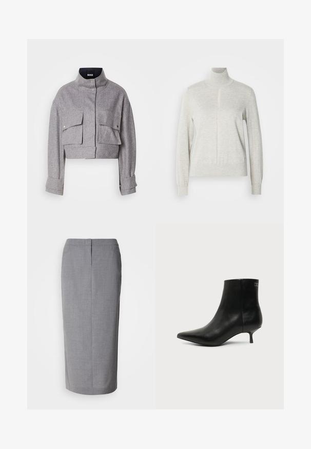 Chaqueta gris corta con cuello alto, dos bolsillos frontales con solapa y botón a presión, y mangas largas con detalles en los puños.; Suéter gris claro con un cuello alto y cremallera de un cuarto. Fabricado con un material suave y texturizado, cuenta con mangas largas y un dobladillo ajustado.; Falda lápiz gris hecha de una tela texturizada, con corte recto, abertura trasera y cierre de cremallera oculta en la parte posterior.; Botín de piel negra con puntera puntiaguda y tacón bajo estilo kitten sobre fondo claro, mostrando vista lateral exterior.